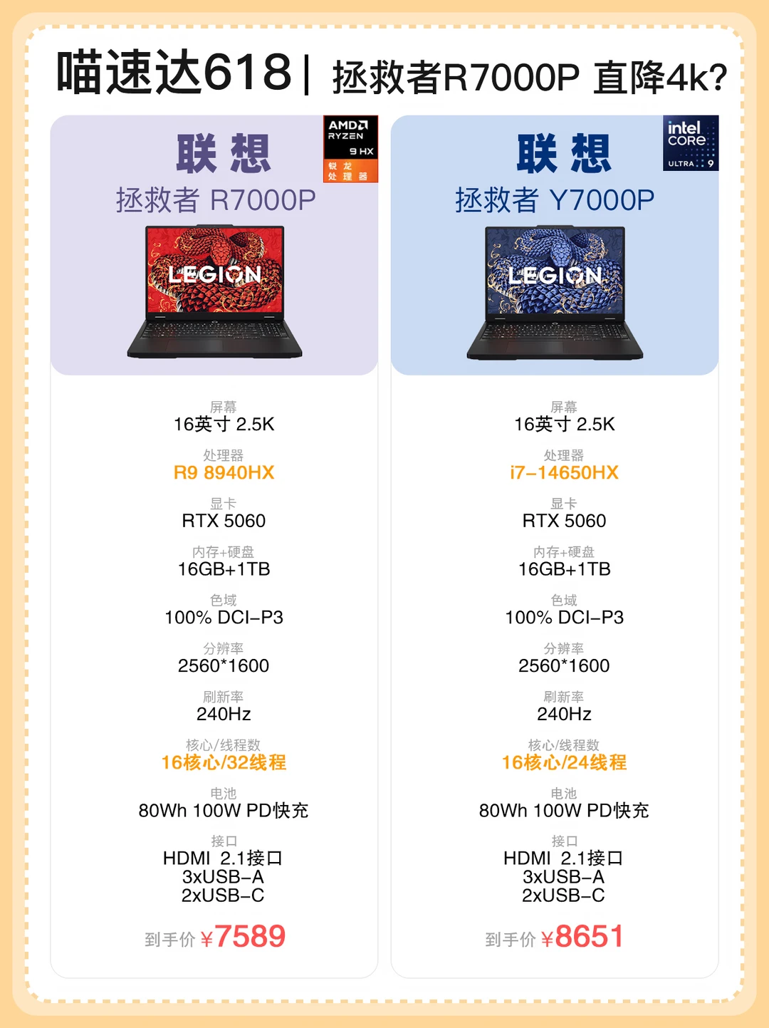 618，R7000P锐龙版VS酷睿版到底怎么选