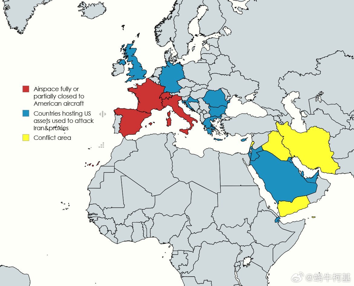 得道多助……红色为不让美军使用领空或基地对伊朗实施打击的国家黄色为交战国蓝色为美