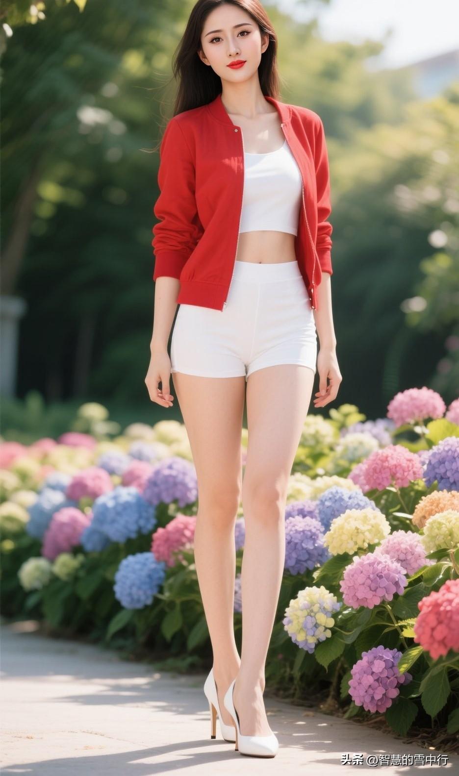 绣球花下的明艳暴击✨红开衫杀疯了
 
谁懂啊！红白撞色直接把氛围感拉满💥
正红