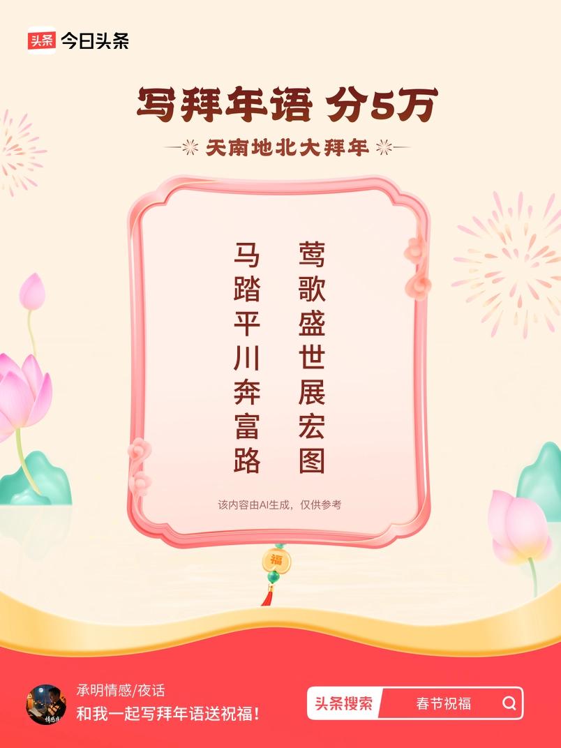 写拜年语送祝福新春拜年送祝福！我的祝福是：“马踏平川奔富路，莺歌盛世展宏图”！快