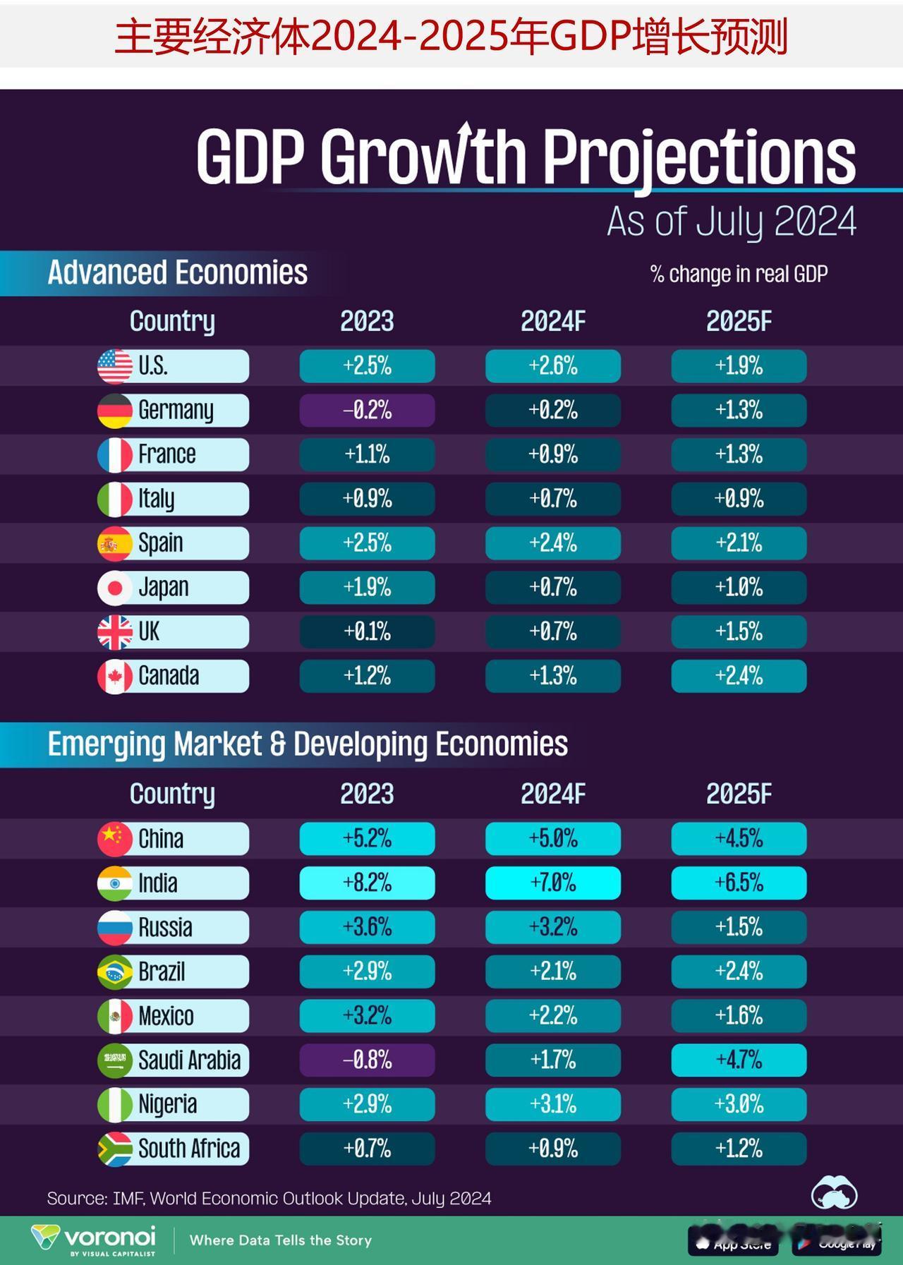 国际货币基金组织对主要经济体2024-2025年GDP增长预测

在这张图表中，