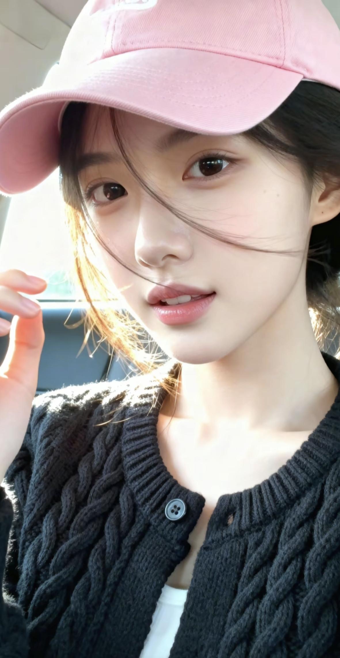 粉帽轻遮额，车中人似画。