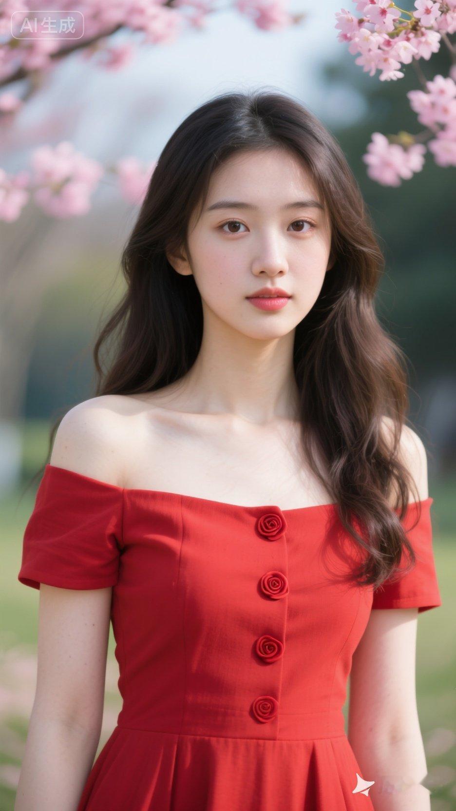 春日少女，红裙飘逸，花海中绽放美丽。