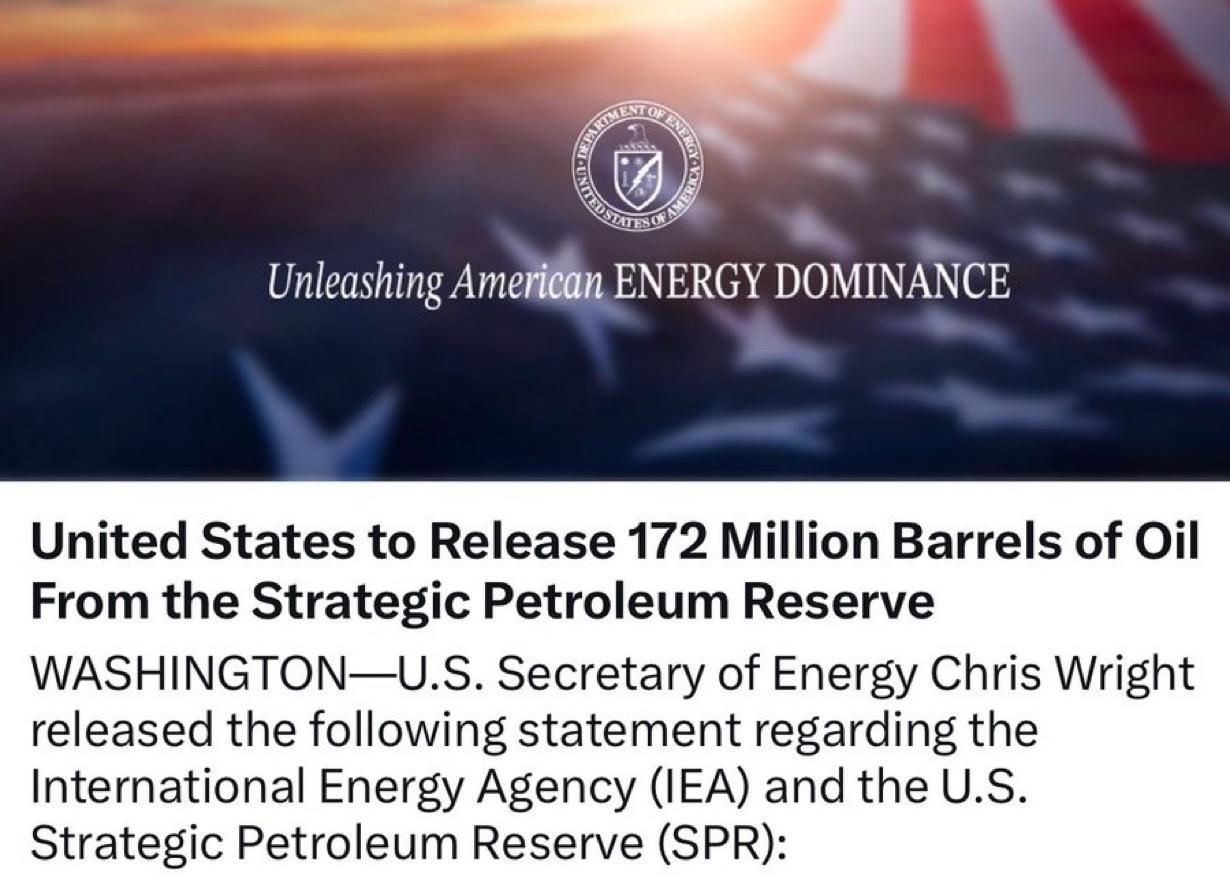 根据美国能源部发布的消息，作为释放4亿桶石油以稳定市场的多边努力的一部分，美国总