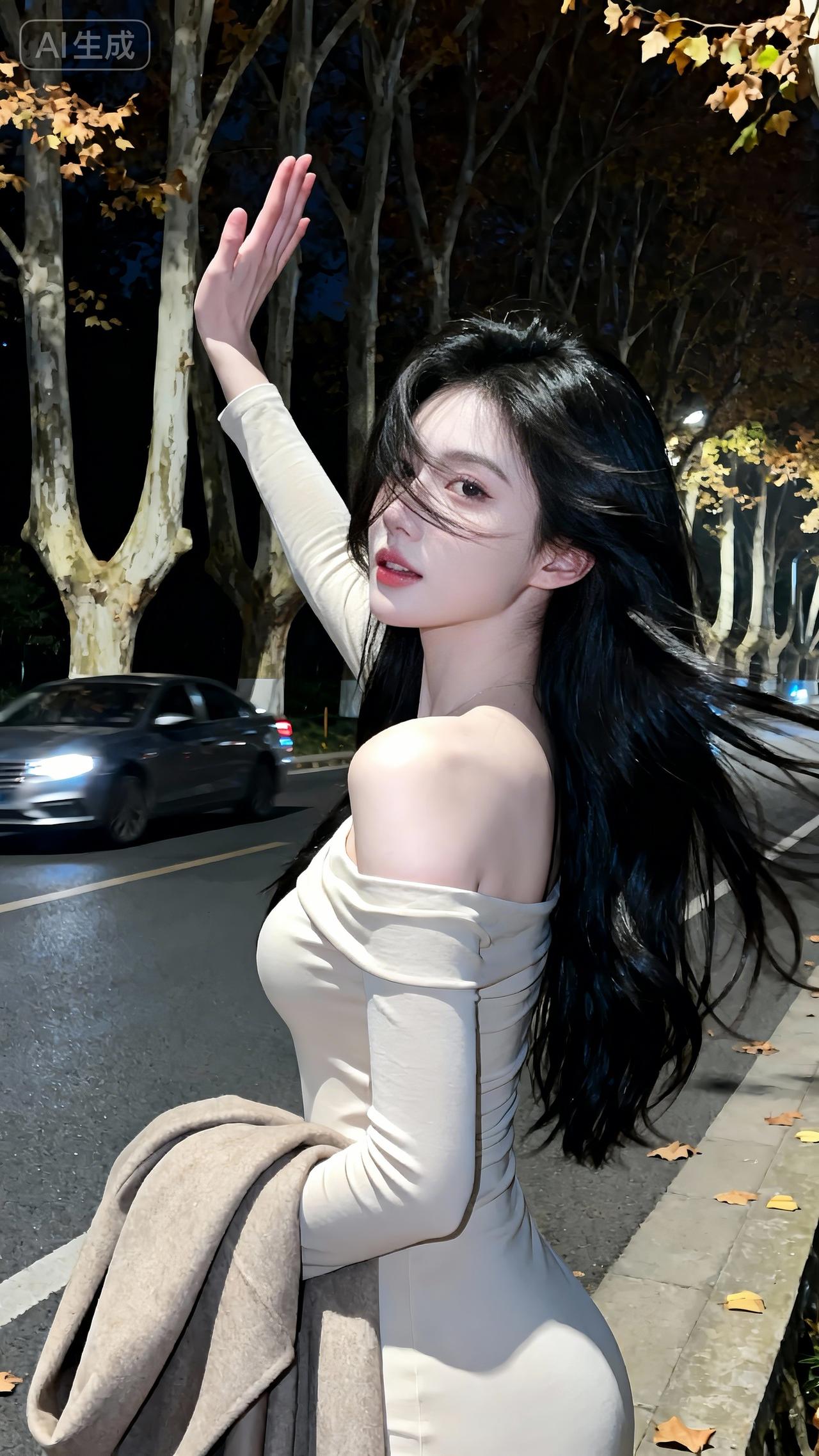 夜街雅韵，奶白露肩裙配驼色大衣，温婉纯欲氛围感拉满灰色花苞裙穿搭 米驼色大衣 焦