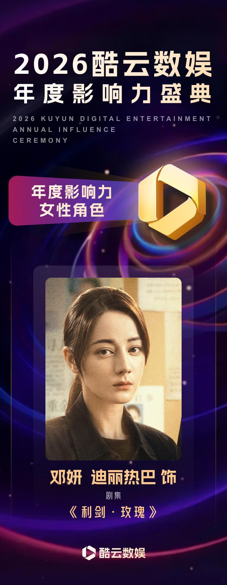 迪丽热巴《利剑玫瑰》邓妍角色获得酷云年度影响力女性角色、年度人气女性角色奖项，恭