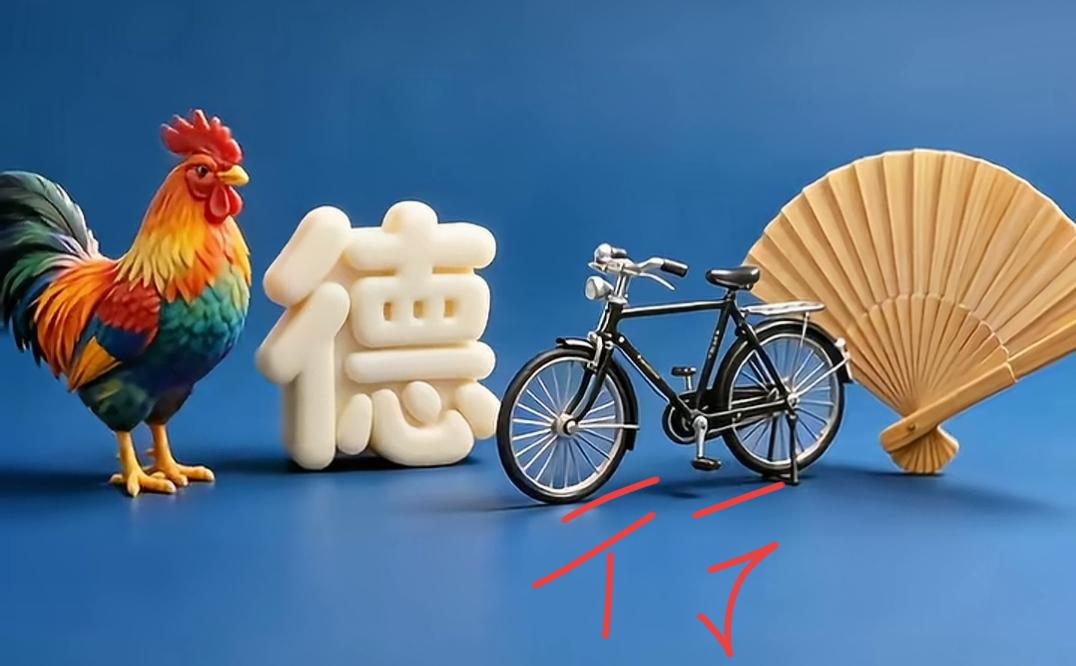 公鸡、自行车和扇子，有趣组合。这个词语很好，自古以来好词语说出来。大有福报。[作
