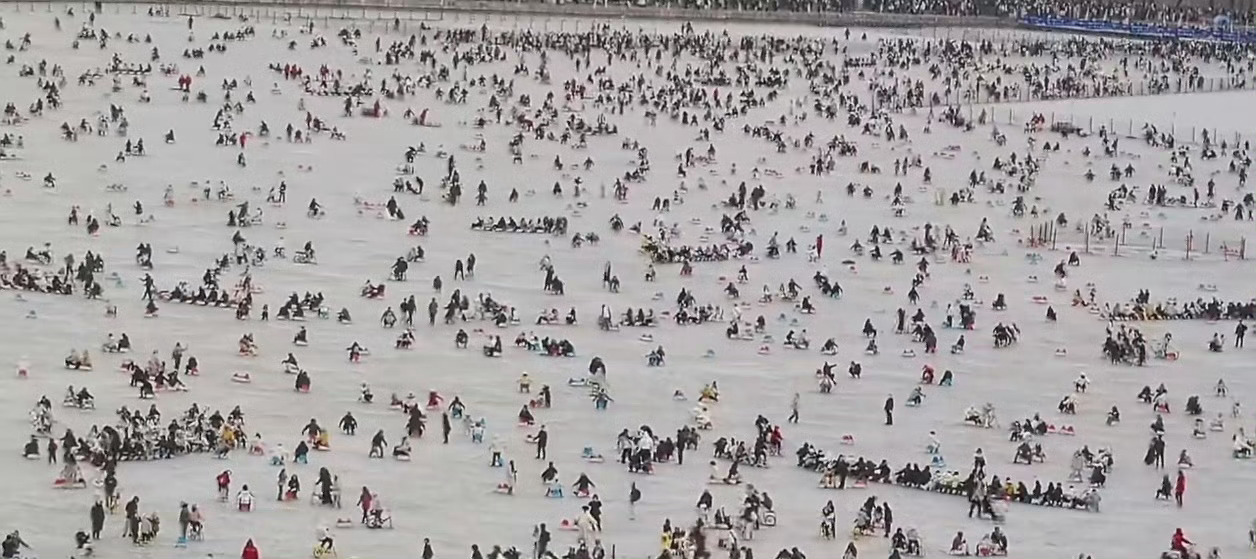 颐和园的湖面，密密麻麻的人群如同繁星点点，冬日的热闹在此刻具象化，人流如织，热闹