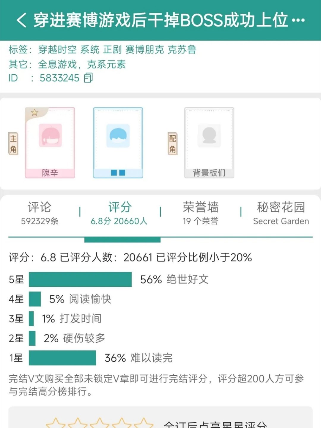 一天时间，穿进赛博游戏后干掉BOSS成功上位，评分从9.8掉到6.8，收藏掉了3