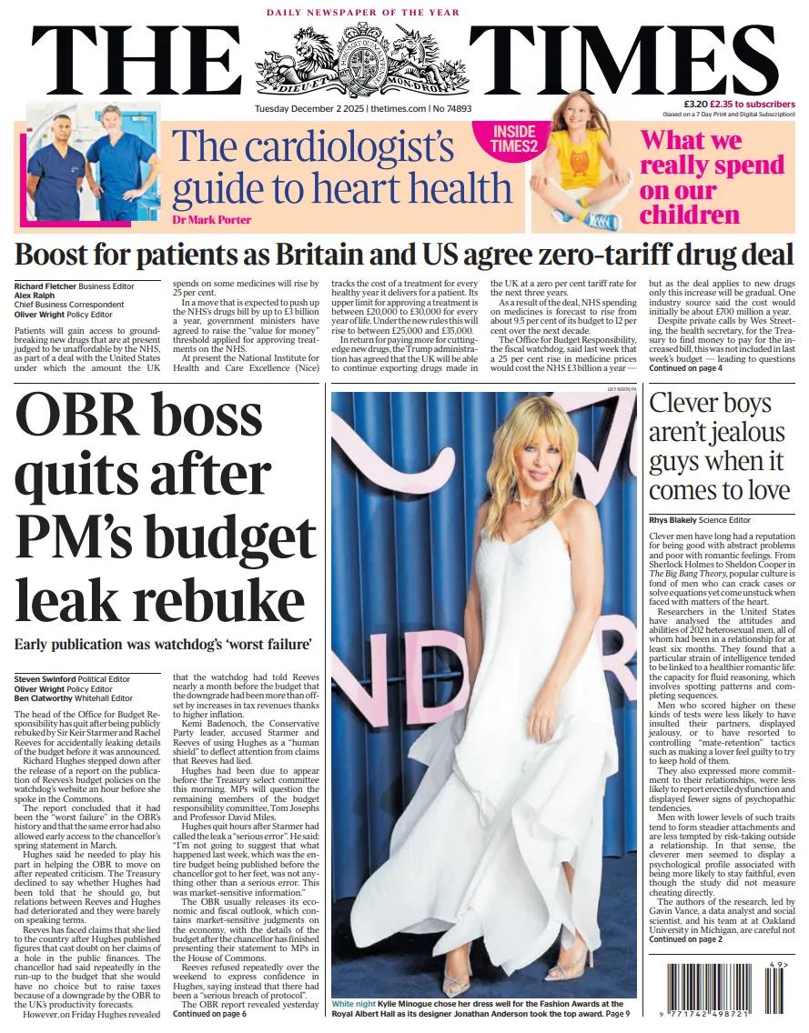 大多数英国报纸头版报道了英国财政责任办公室负责人在预算细节意外泄露后辞职的消息。