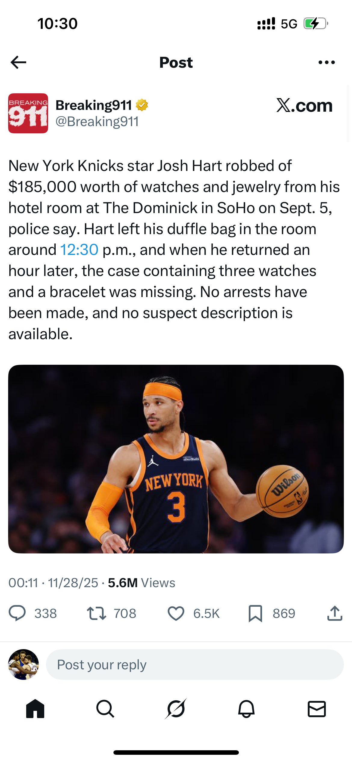 尼克斯队球星乔什·哈特在9月5日于SoHo区的The Dominick酒店房间内