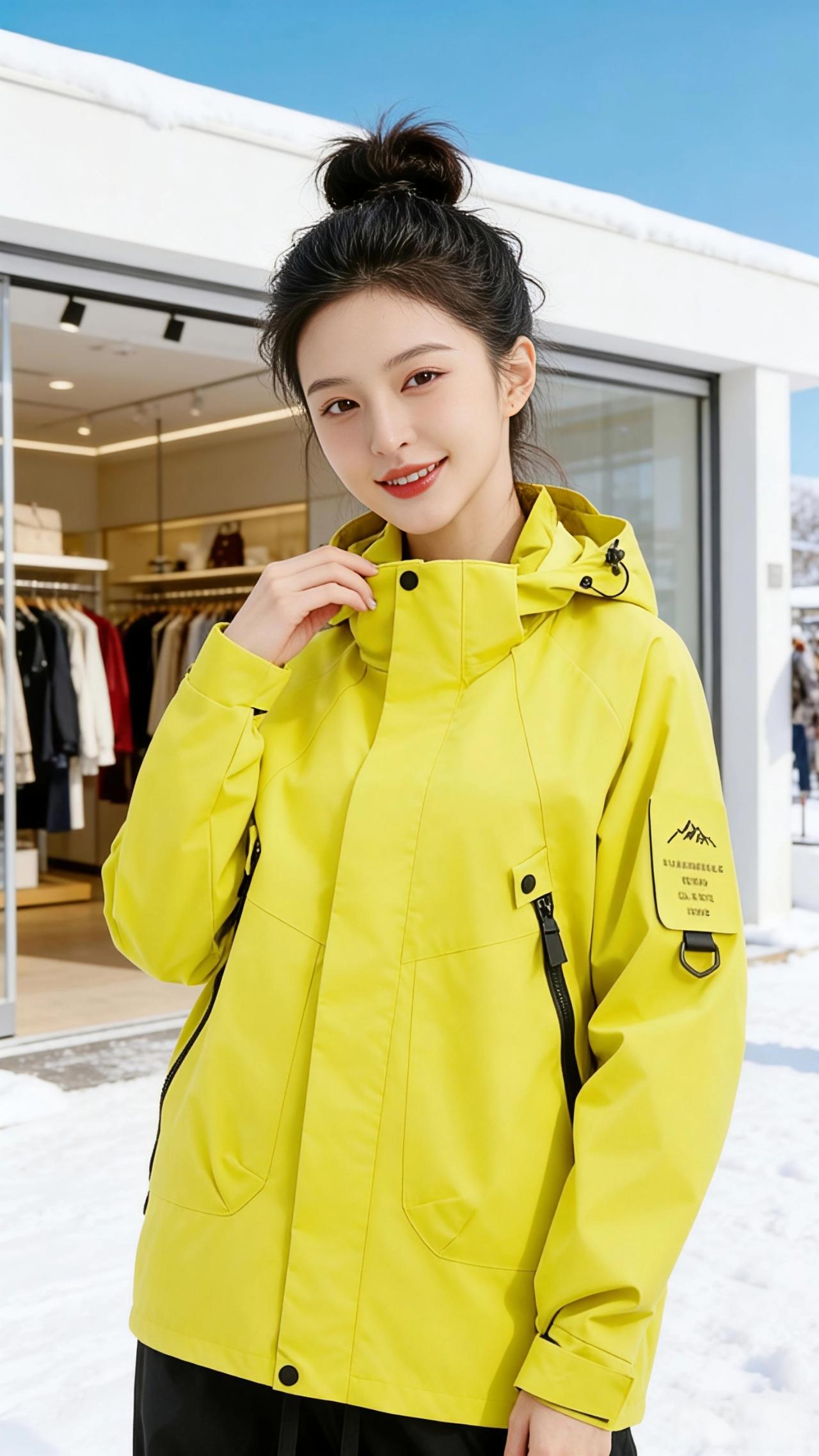 黄与雪的序章
 
雪落在临街店铺的白色檐角时，明黄色的冲锋衣撞进了冬日的留白里。