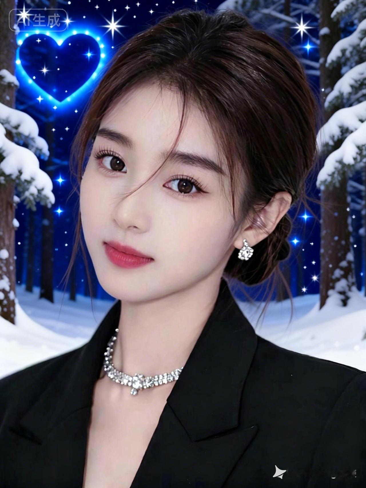 深棕色低发髻挽出温婉轮廓，碎发轻垂耳畔。花朵闪钻耳钉配满钻短链，黑色西装利落挺括