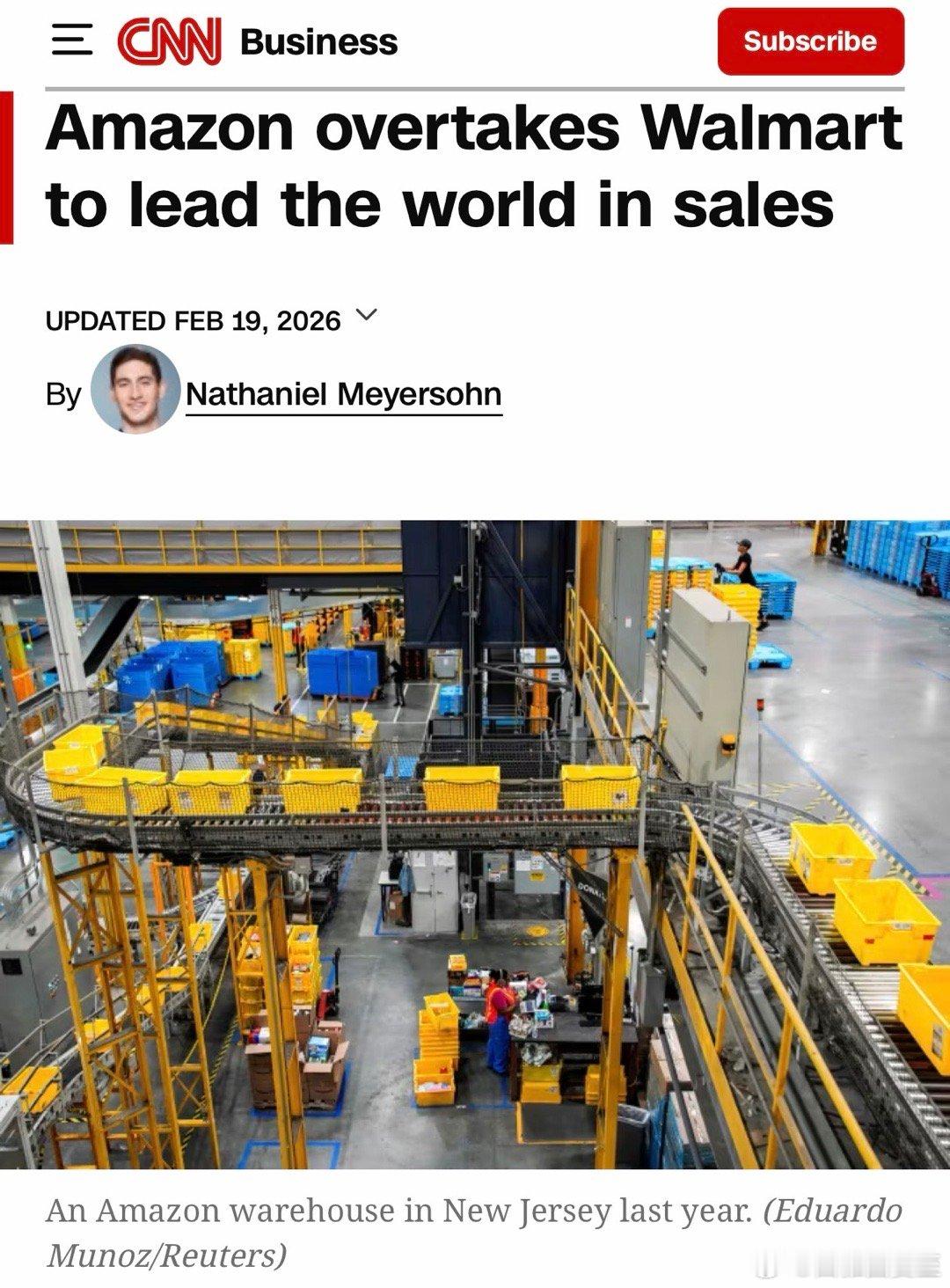 Amazon 2025全年销售额$7170亿，超过Walmart同期的$7130