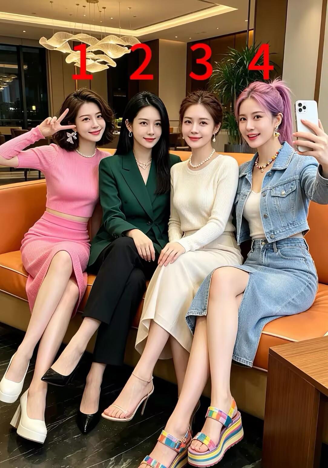 四位气质各不相同的女生同框，风格差别一目了然。1号甜美俏皮的粉色套装，2号干练大