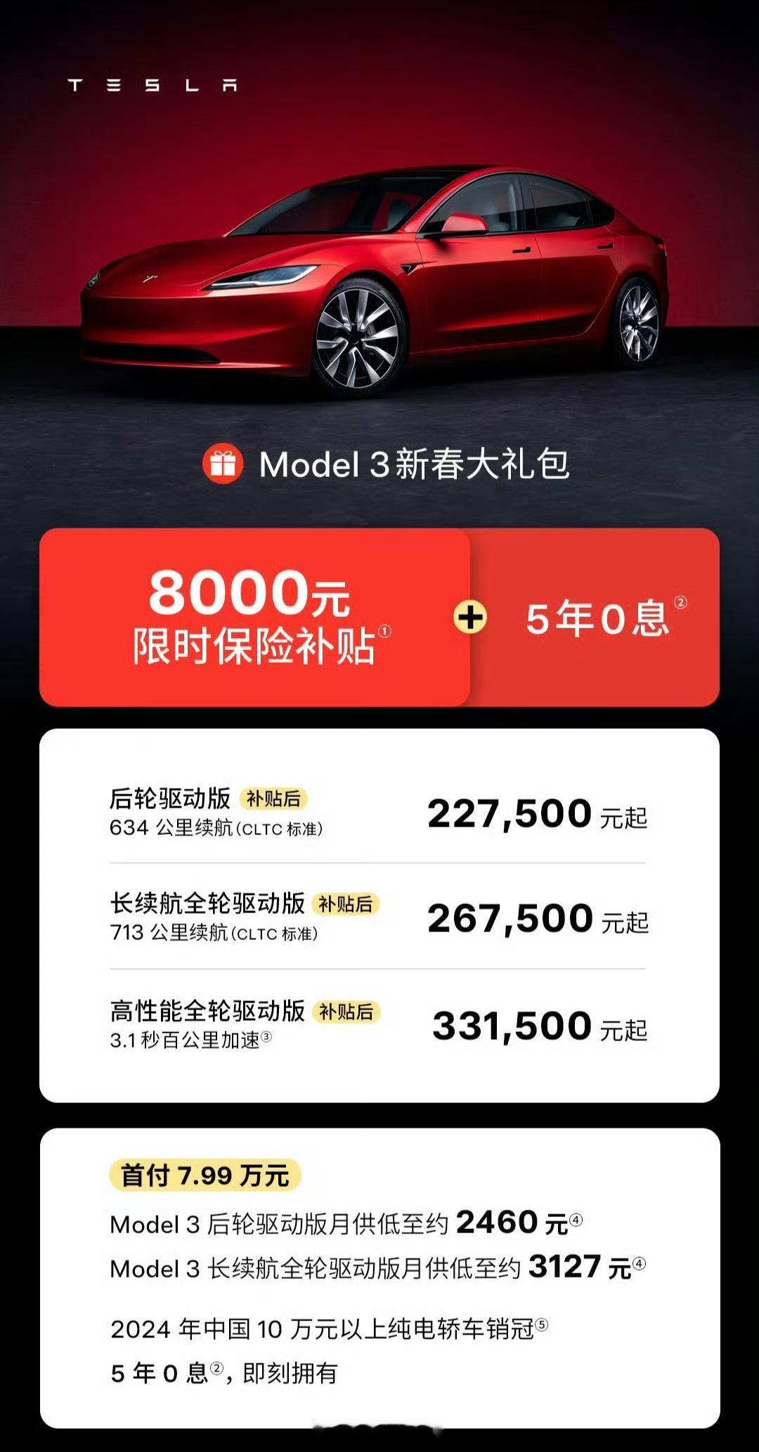 特斯拉Model3降价8000元 开工第一天，特斯拉卷起来了！推出限时保险补贴8