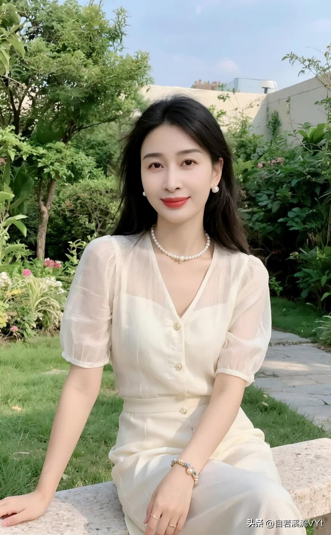 清平乐·园间闲坐
 
晴光铺院，翠树繁花软。
素袂轻绡风漫卷，一串珍珠衬面。
 