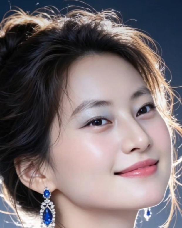 这位美女佩戴着蓝色耳环，笑容甜美。
