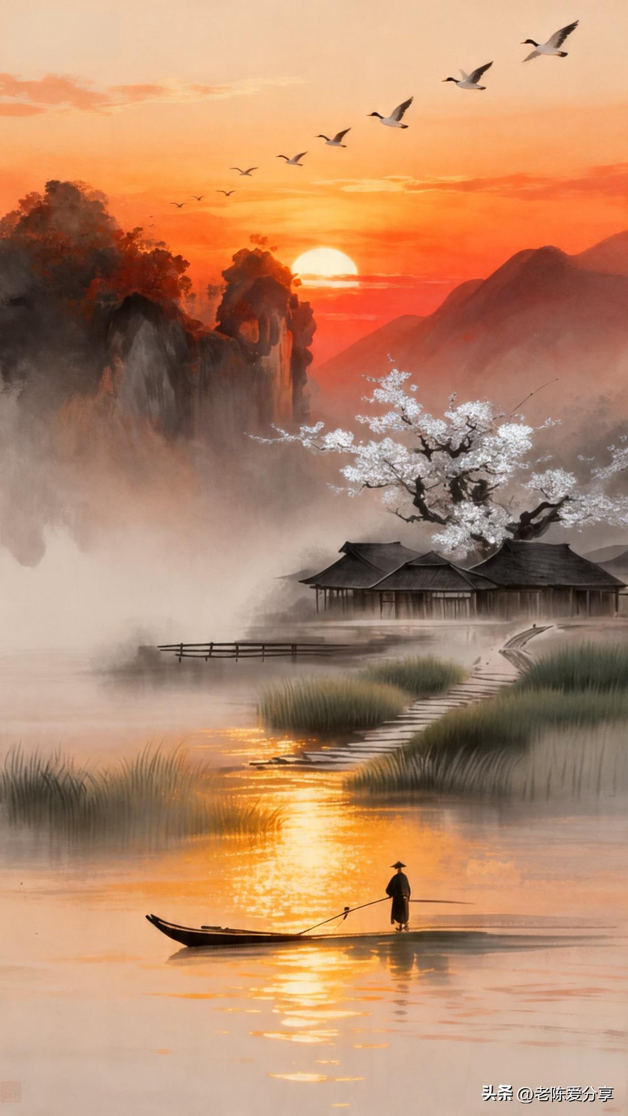 解语花·秋江晚渡

霞绡散绮，雁字横秋，斜照沉金缕。
远山凝雾，烟波里、一叶扁舟