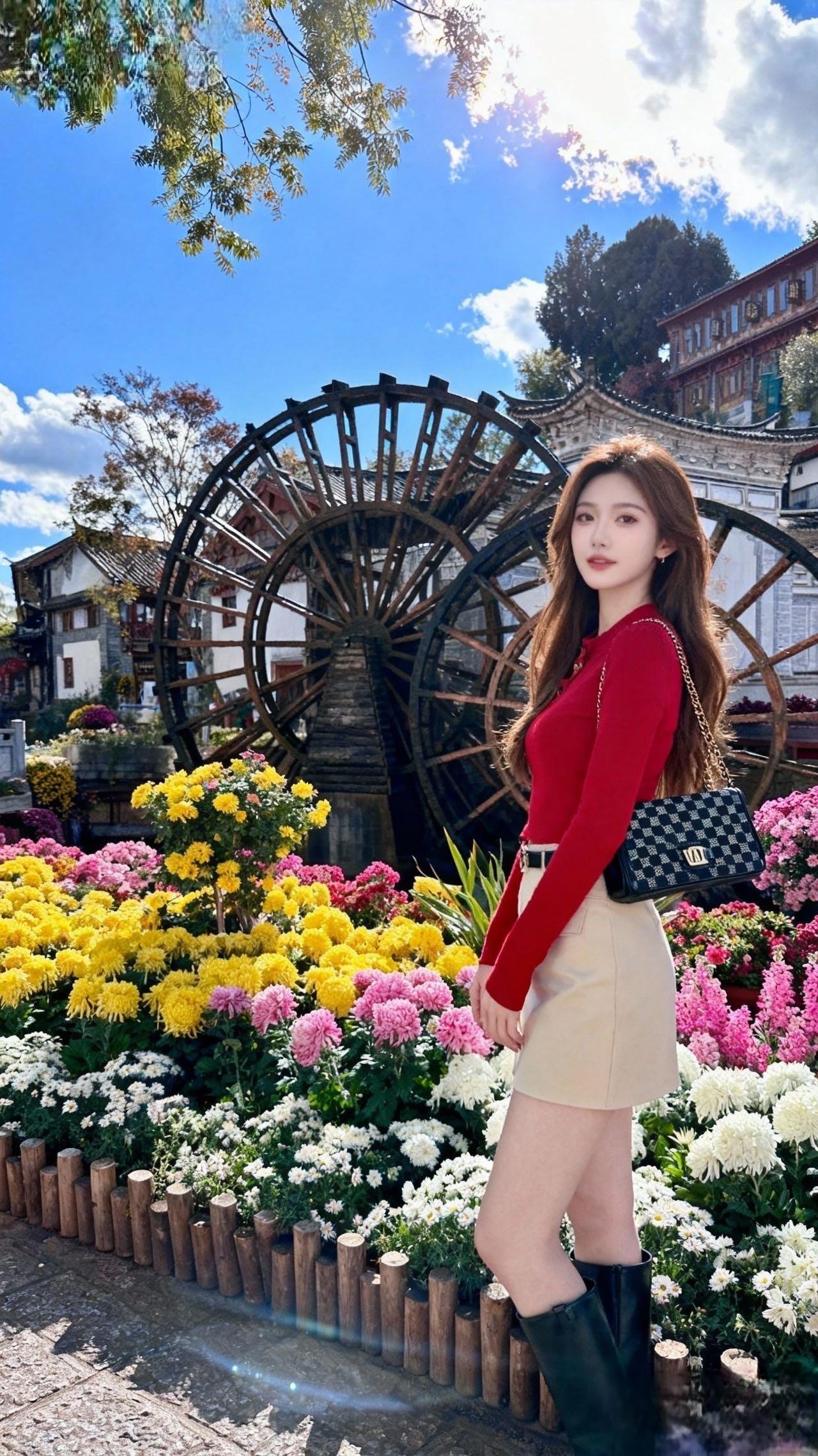 宝子们！谁懂啊！今天这身直接把“古镇甜妹”焊在身上了！

正红针织衫一穿，在花海