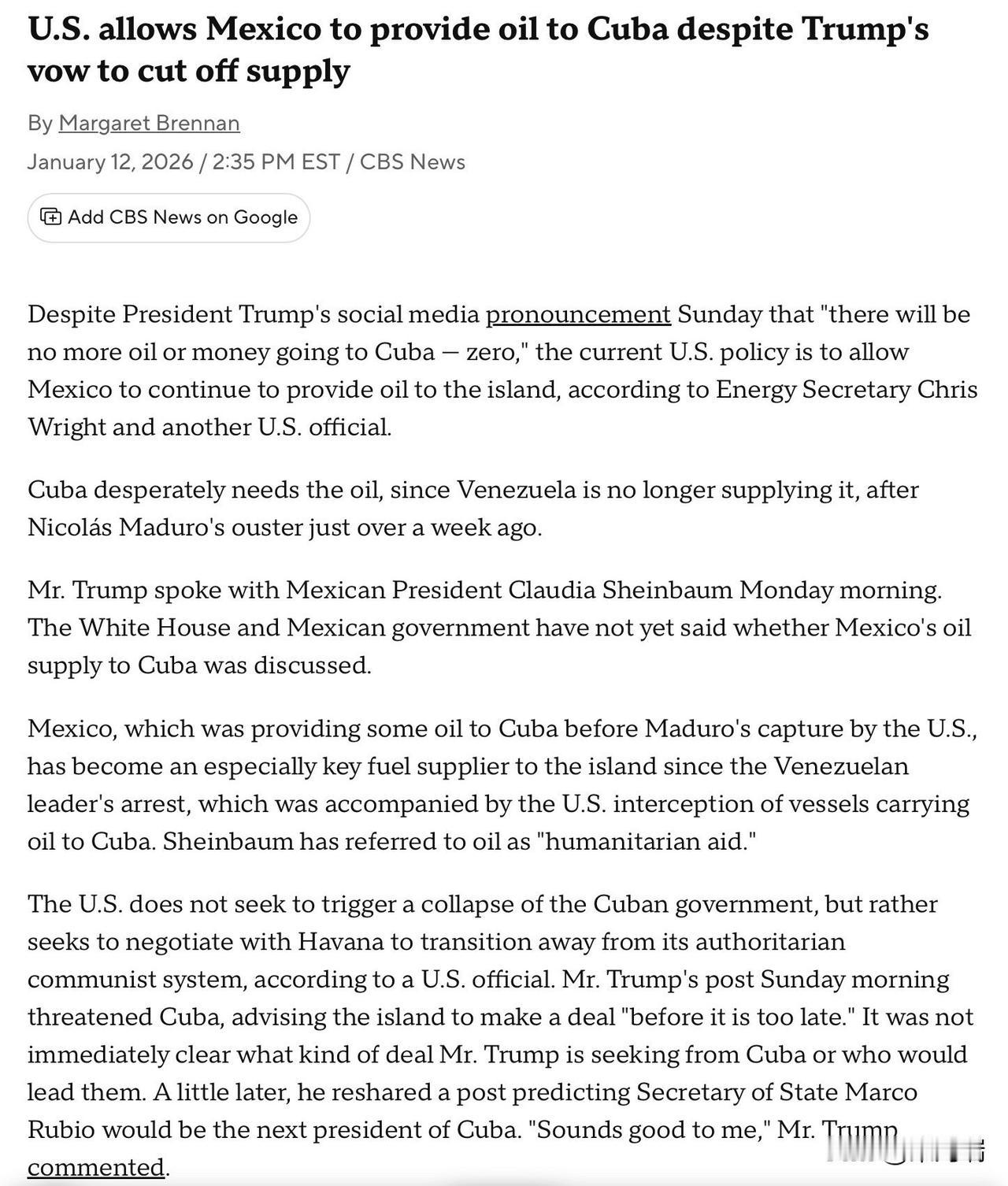 据哥伦比亚广播公司新闻报道，美国能源部长克里斯·赖特和其他美国官员表示，美国将“