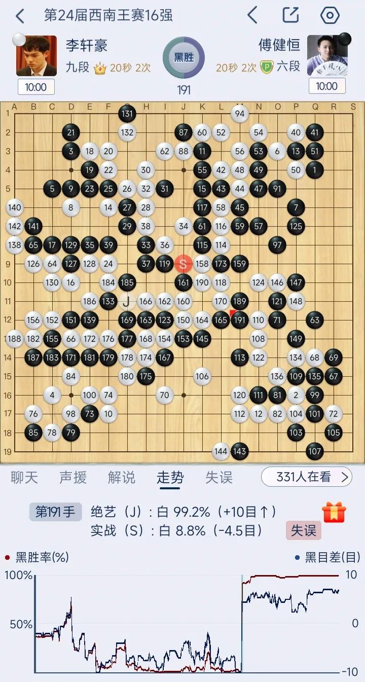 李轩豪持续低迷！西南王比赛下出惊人的大勺，192手，胜率一下从90%跌到个位数！