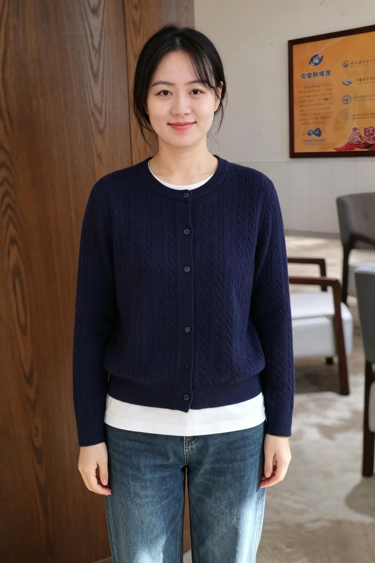 深蓝开衫衬娇容，清眸浅笑韵如风。
淡然自有清雅态，不染凡尘情意浓。