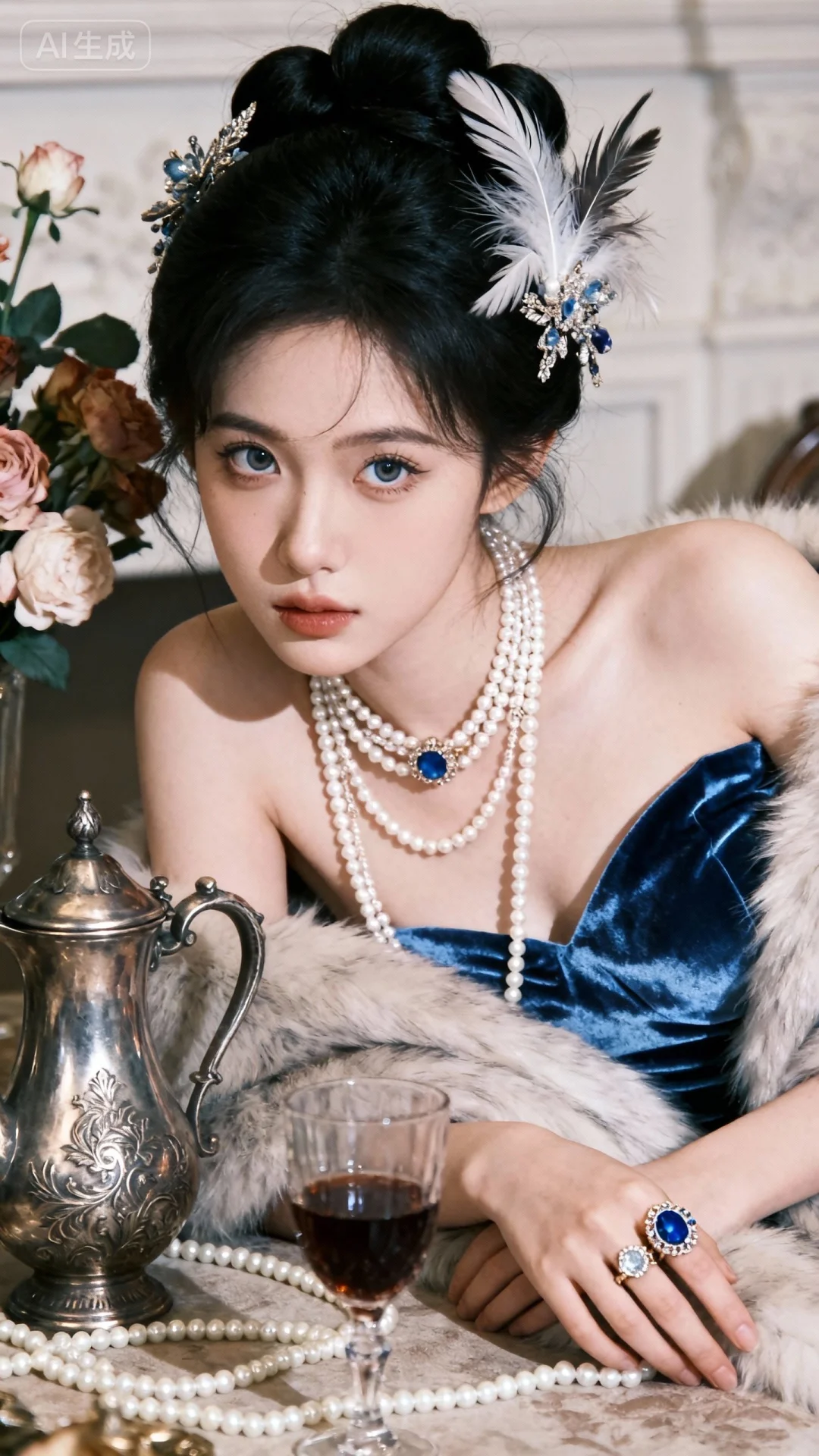 东亚美少女，冷白皮，容貌艳丽，美艳无双，黑色盘发。造型以华丽的羽毛头饰...