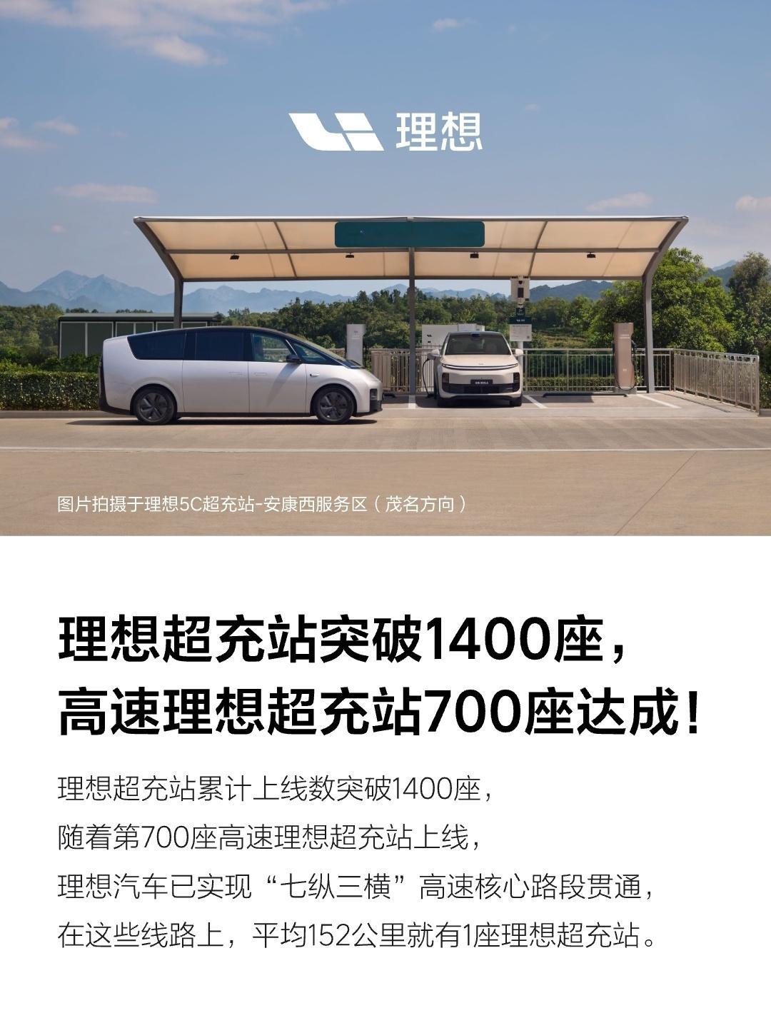 理想超充站累计上线数突破1400座，高速理想超充站700座达成！     