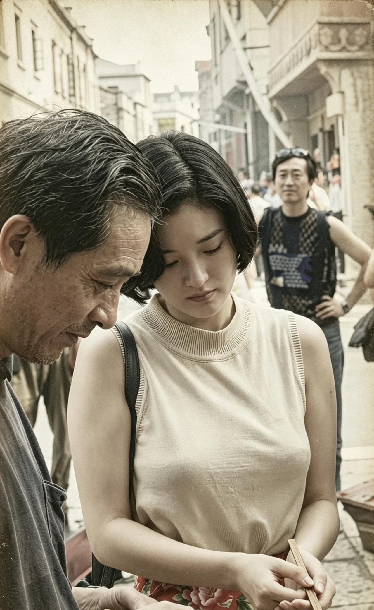 1993年，周村老街的烟火气里，巩俐低头捻香，眉目低垂，像把半生故事都藏进了睫毛