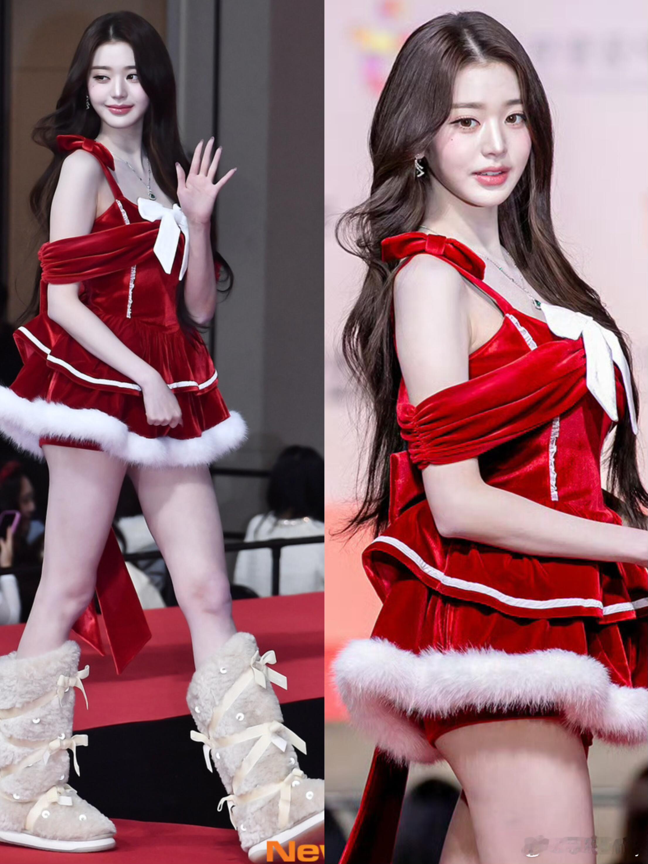 张元英今日歌谣大赏圣诞造型美成啥了张元英今日随组合一同出席歌谣大赏一身红色圣诞短