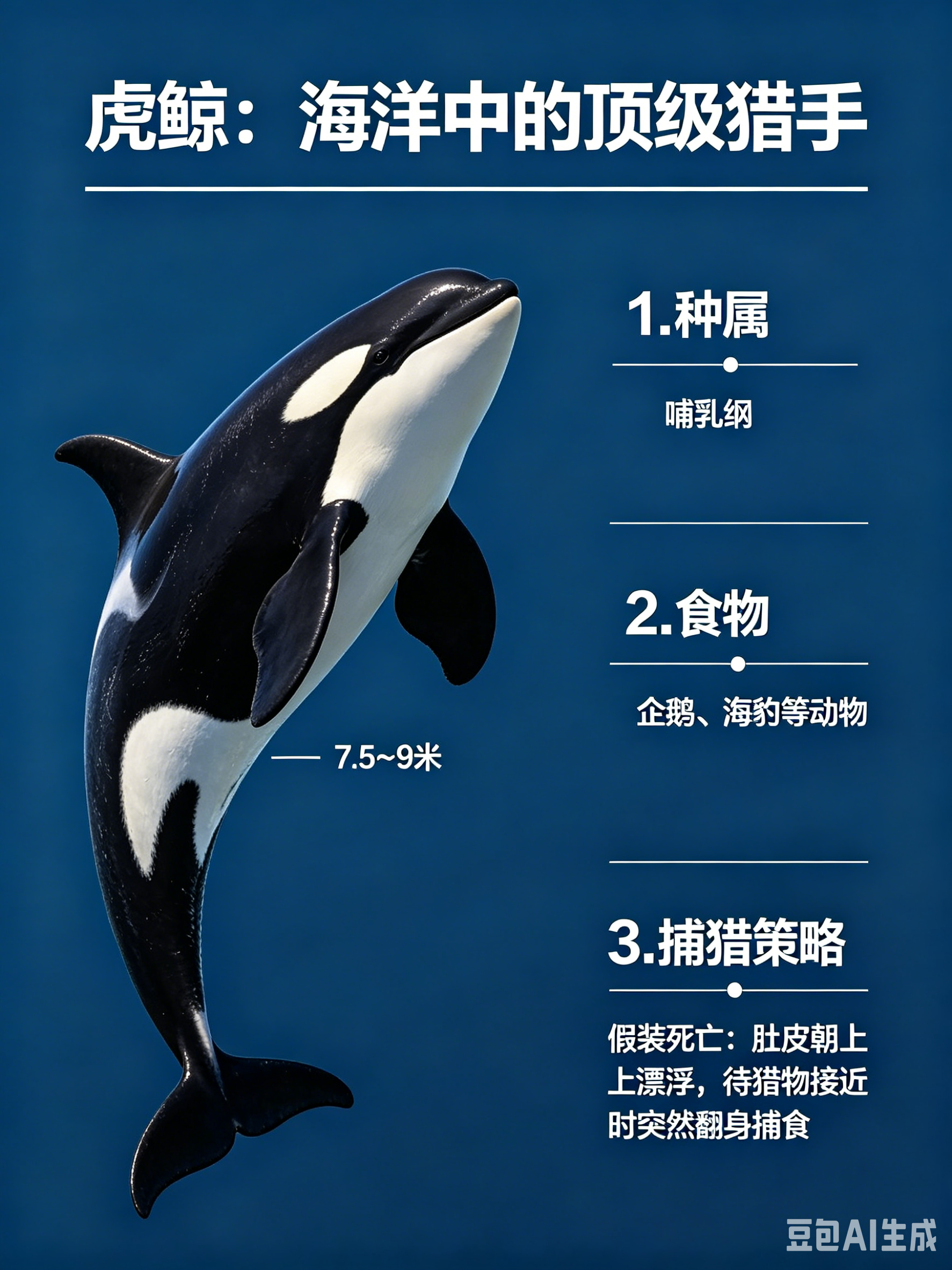海洋朋友圈 虎鲸海洋档案种　属：哺乳纲体　长：7.5～9米食　物：企鹅、海豹等动