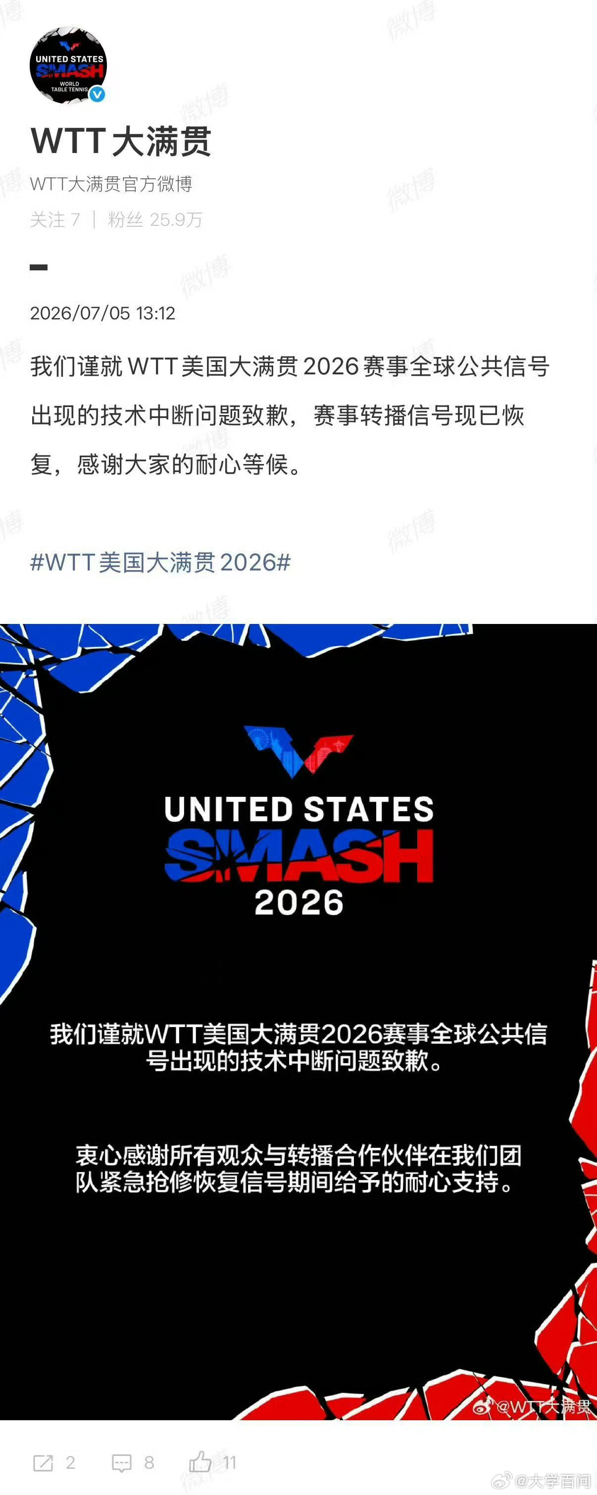 【WTT官方就转播中断致歉】WTT大满贯官方致歉2026年WTT美国大满贯赛事期