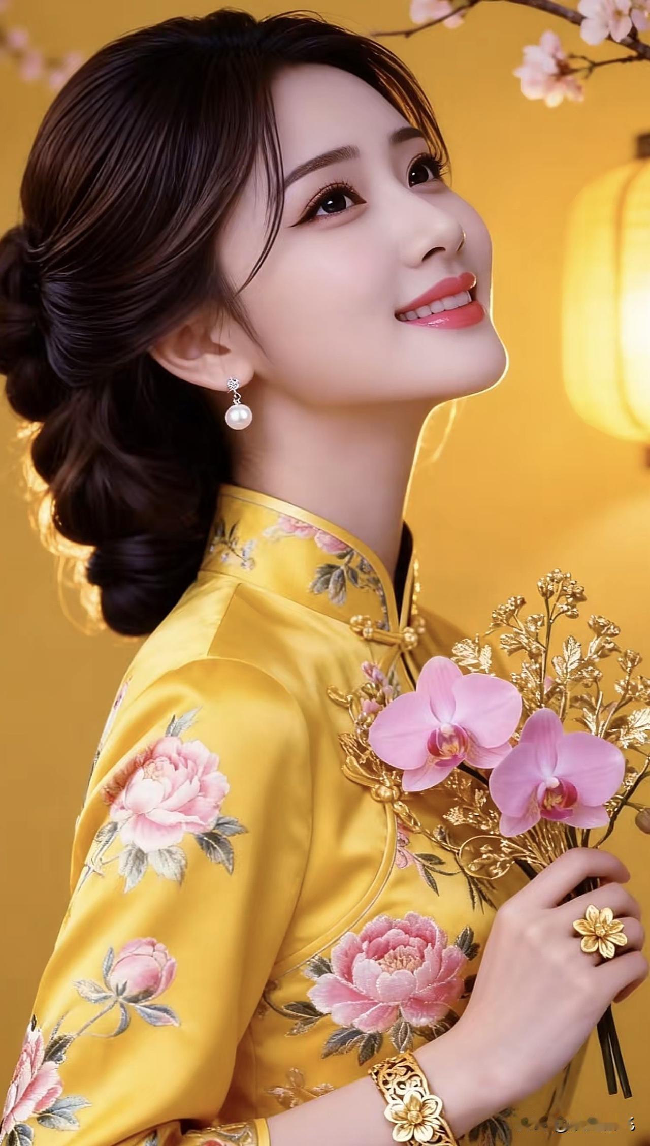 优雅东方美人，黄衣花枝，笑靥如花古典温婉美女 气质红妆女子 红衫美人 气质红妆女