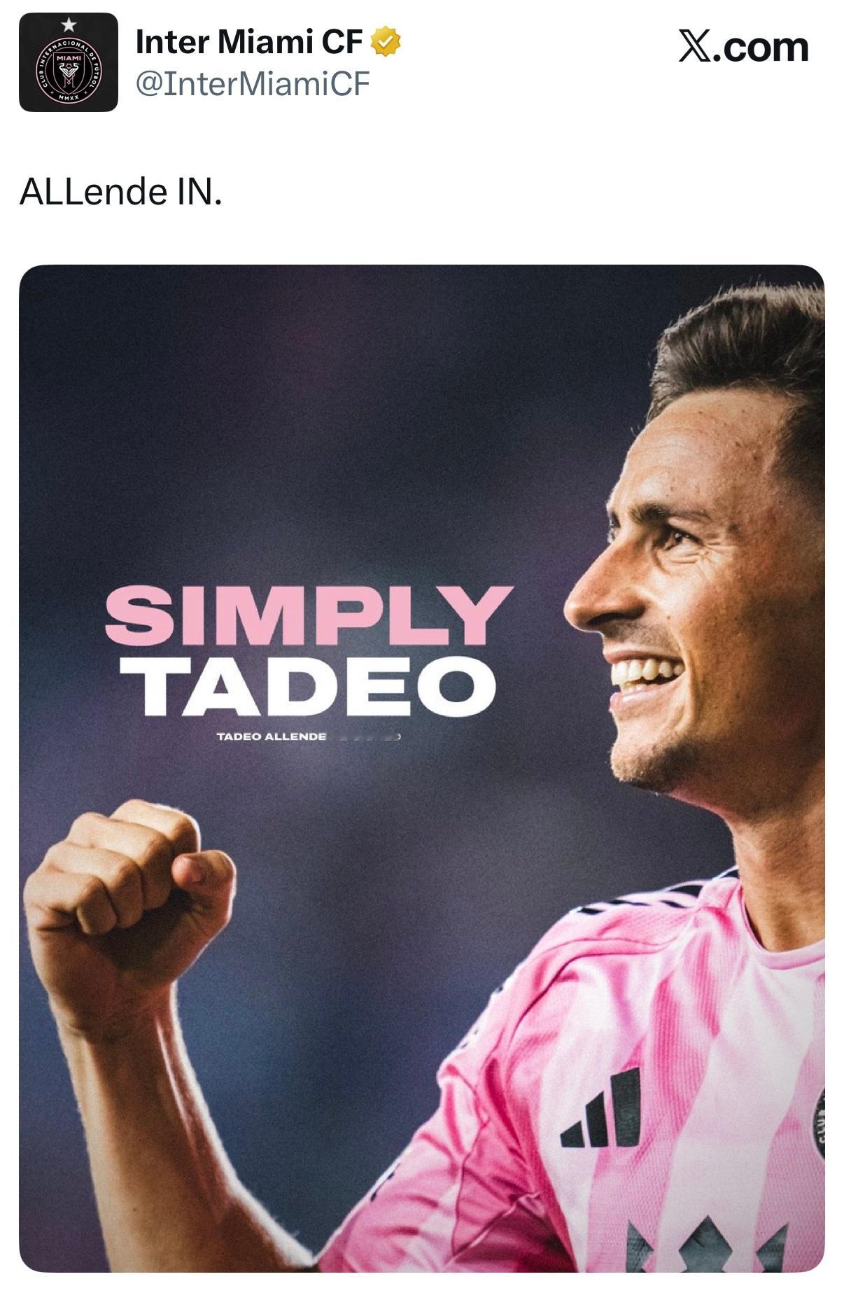 官宣｜阿连德留下迈阿密国际从塞尔塔足球俱乐部永久签下前锋塔德奥·阿连德。迈阿密国