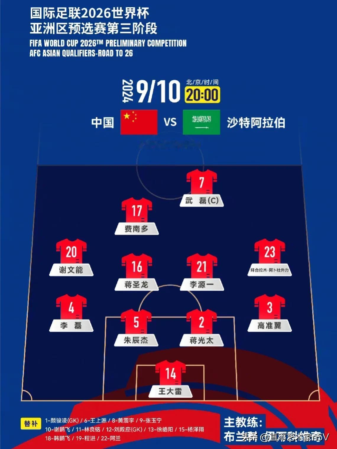 中国队将433阵容强攻沙特！
中国男足迎战沙特队首发11人已经出炉！
中国队在大