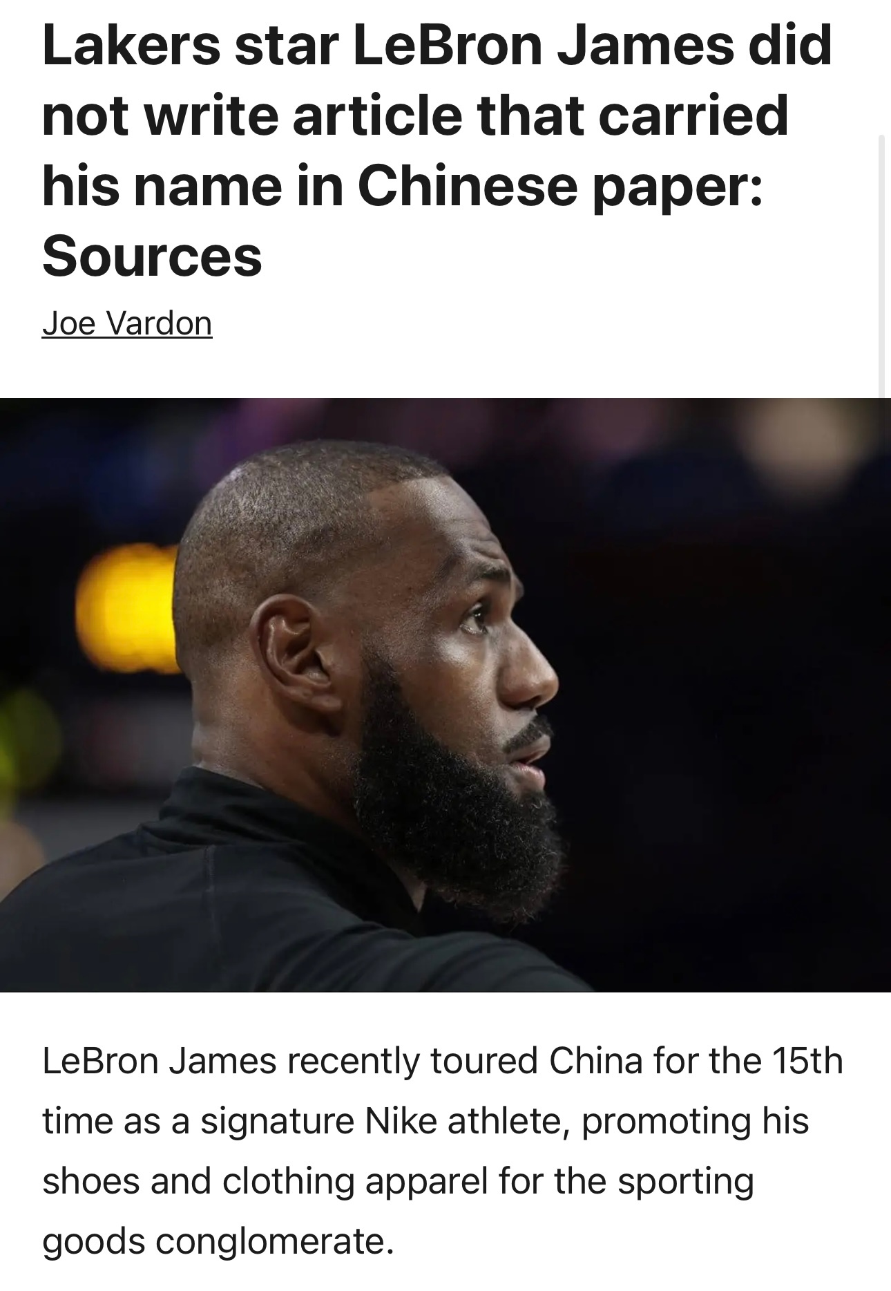 The Athletic记者Joe Vardon报道詹姆斯人民日报撰文 一事：“