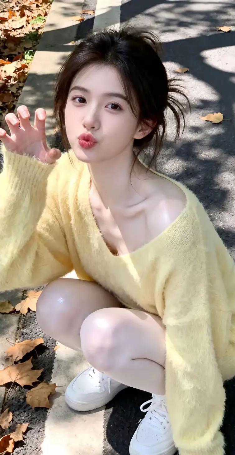 淡黄色的毛衣很显白