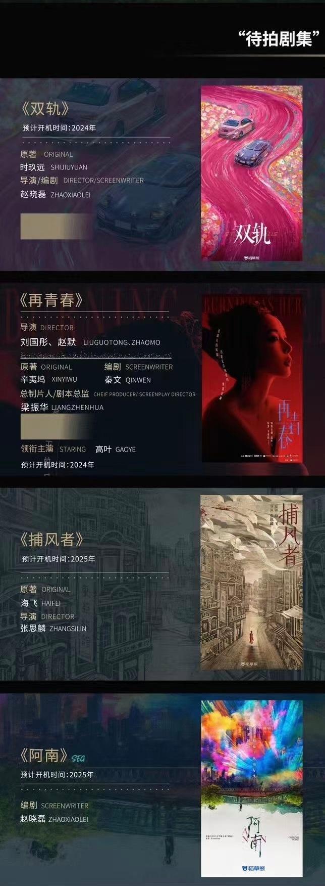 2024稻草熊集团电视剧片单待拍：●《双轨》导演编剧赵晓磊●《再青春》原著辛夷坞