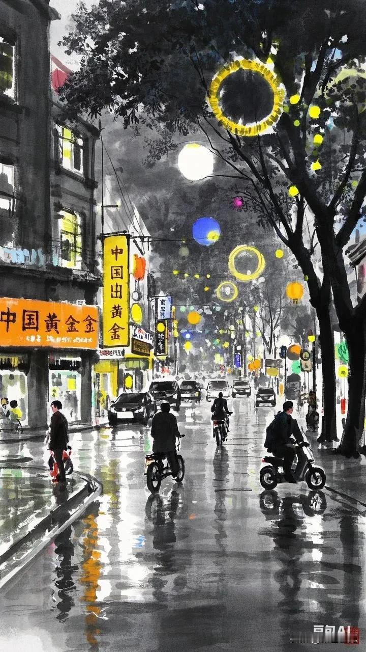 《雨夜街景》
雨湿街道影婆娑，
灯彩流光映绮罗。
车往人来匆促过，
一城夜色韵成