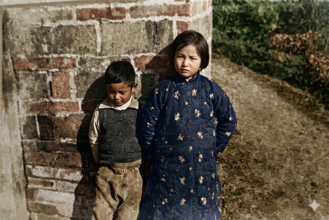 抗战时期的李庄，建筑泰斗梁思成、林徽因夫妇的一双亲生儿女，右侧是长女梁再冰，左侧