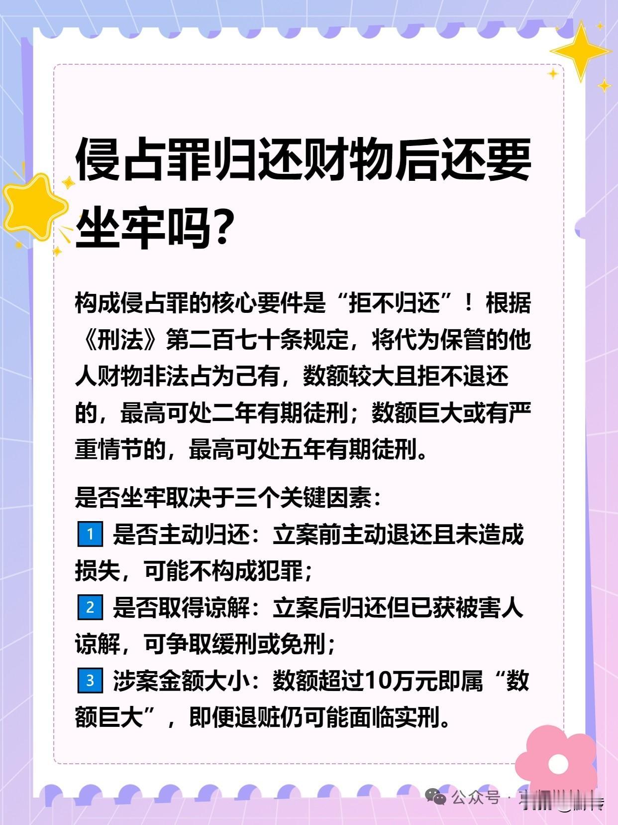 侵占罪退还了也要坐牢吗侵占罪归还财物后还要坐牢吗？
构成侵占罪的核心要件是“拒不