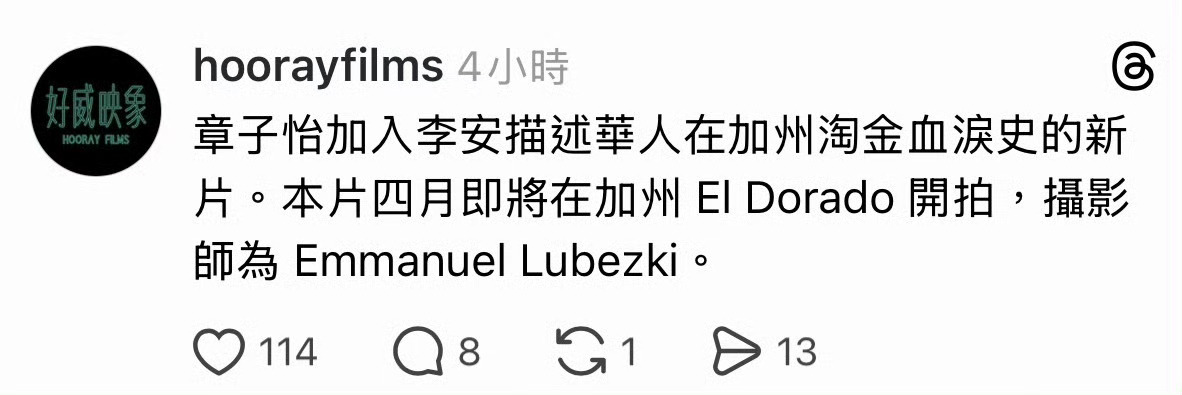 章子怡的大饼，李安拍的描述华人在加州淘金血泪史的电影。现在刚开拍的曹保平的《寻子