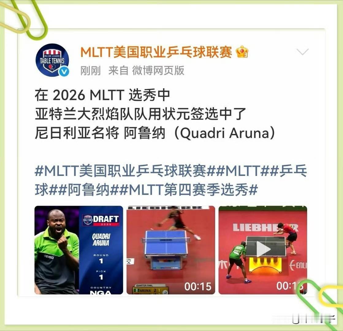 阿鲁纳加入樊振东投资的MLTT,进入亚特兰大烈焰队！

阿鲁纳是尼日利亚乒乓球运