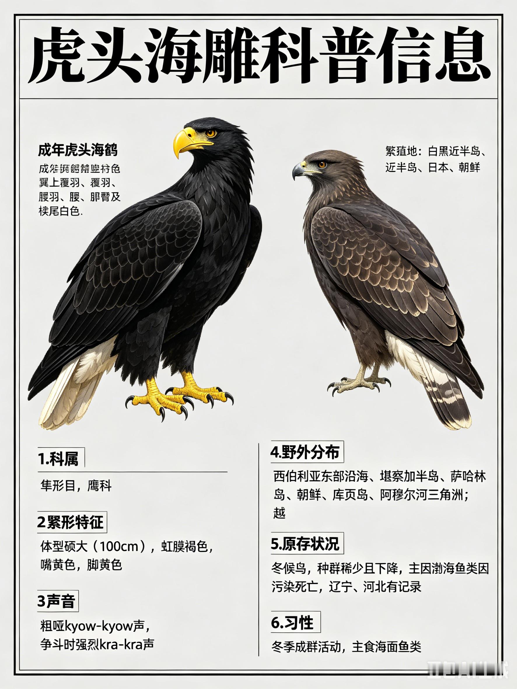鸟类朋友图鉴 虎头海雕·科属：隼形目，鹰科。·外形特征：体型硕大（100cm）的