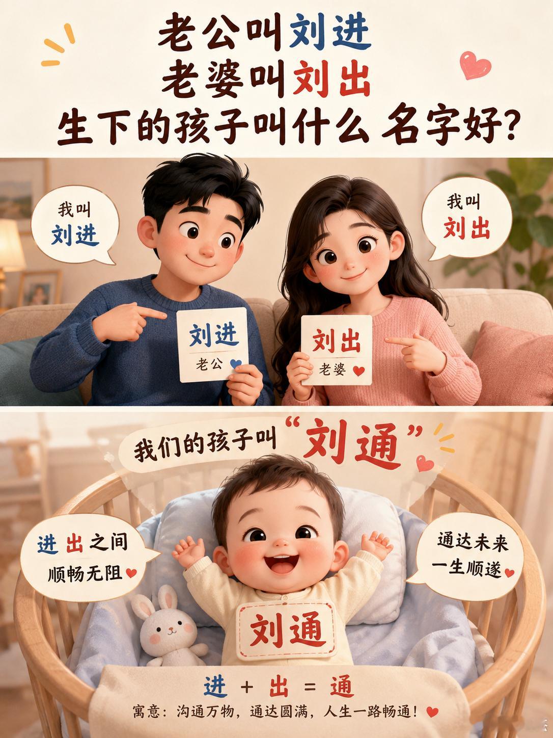 假如小孩爸爸叫刘进，小孩妈妈叫刘出，你们觉得生下的孩子可以叫个什么名字比较好呢？