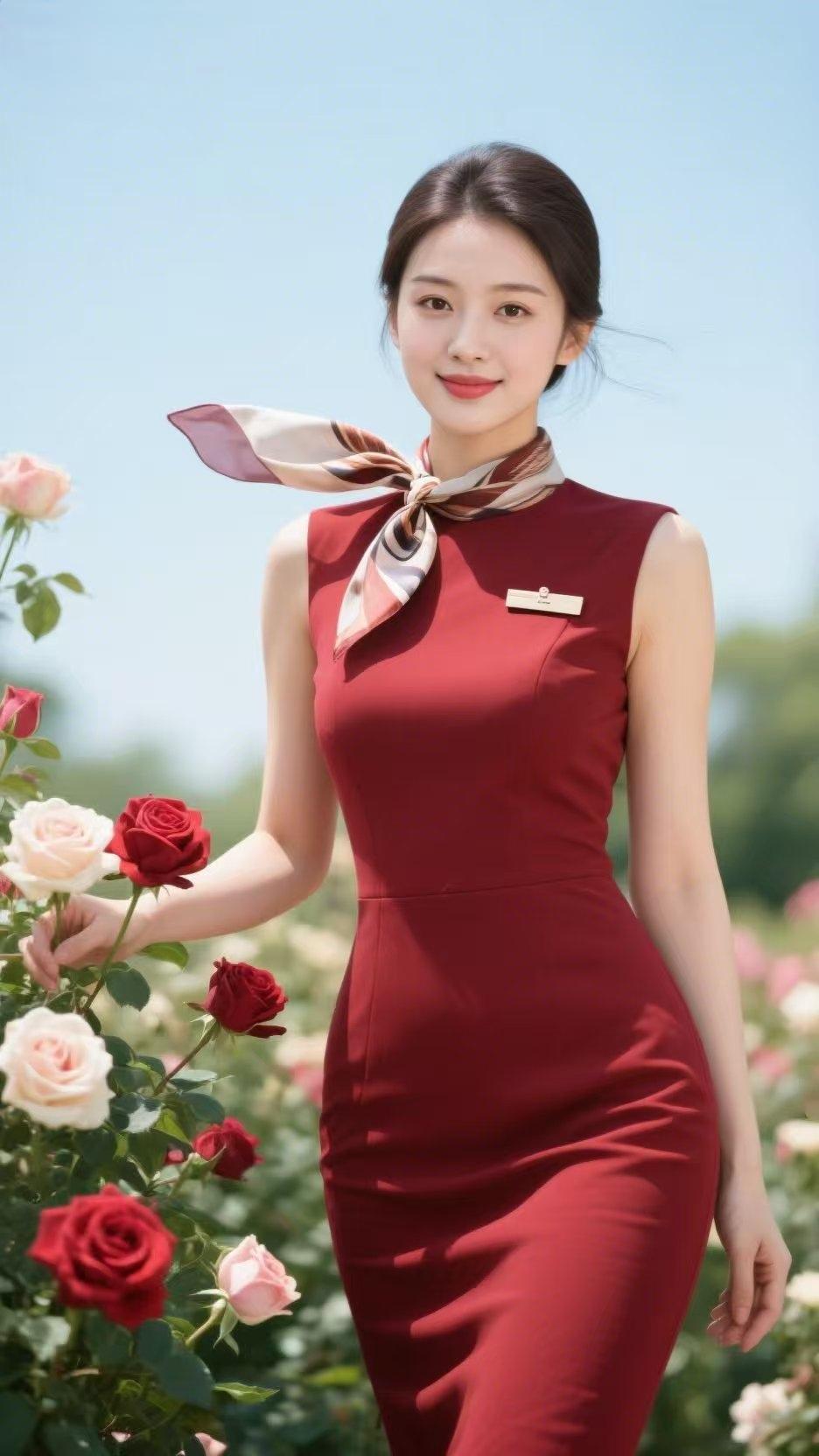 红衣空姐
红衣温婉立芳丛，
丝缕轻扬韵自融。
人面玫瑰相映艳，
一眸浅笑醉春风。