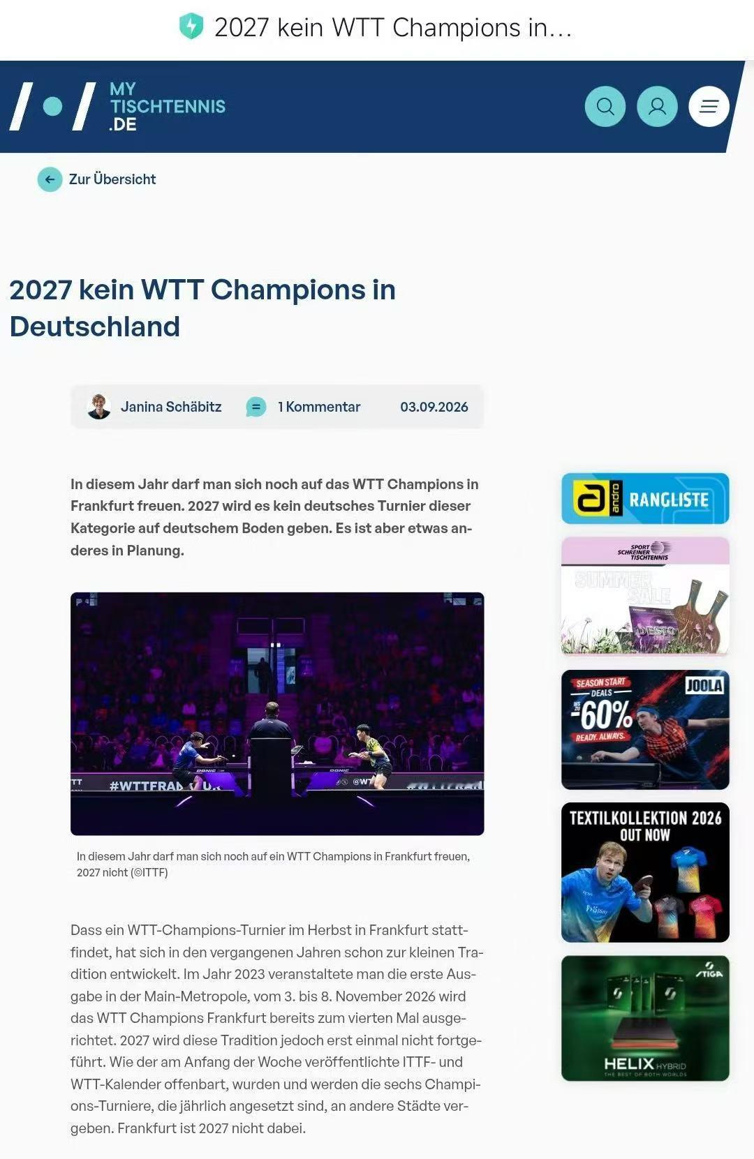 2027年德国将不再承办WTT冠军赛德国乒协官宣2027停办WTT冠军赛 202