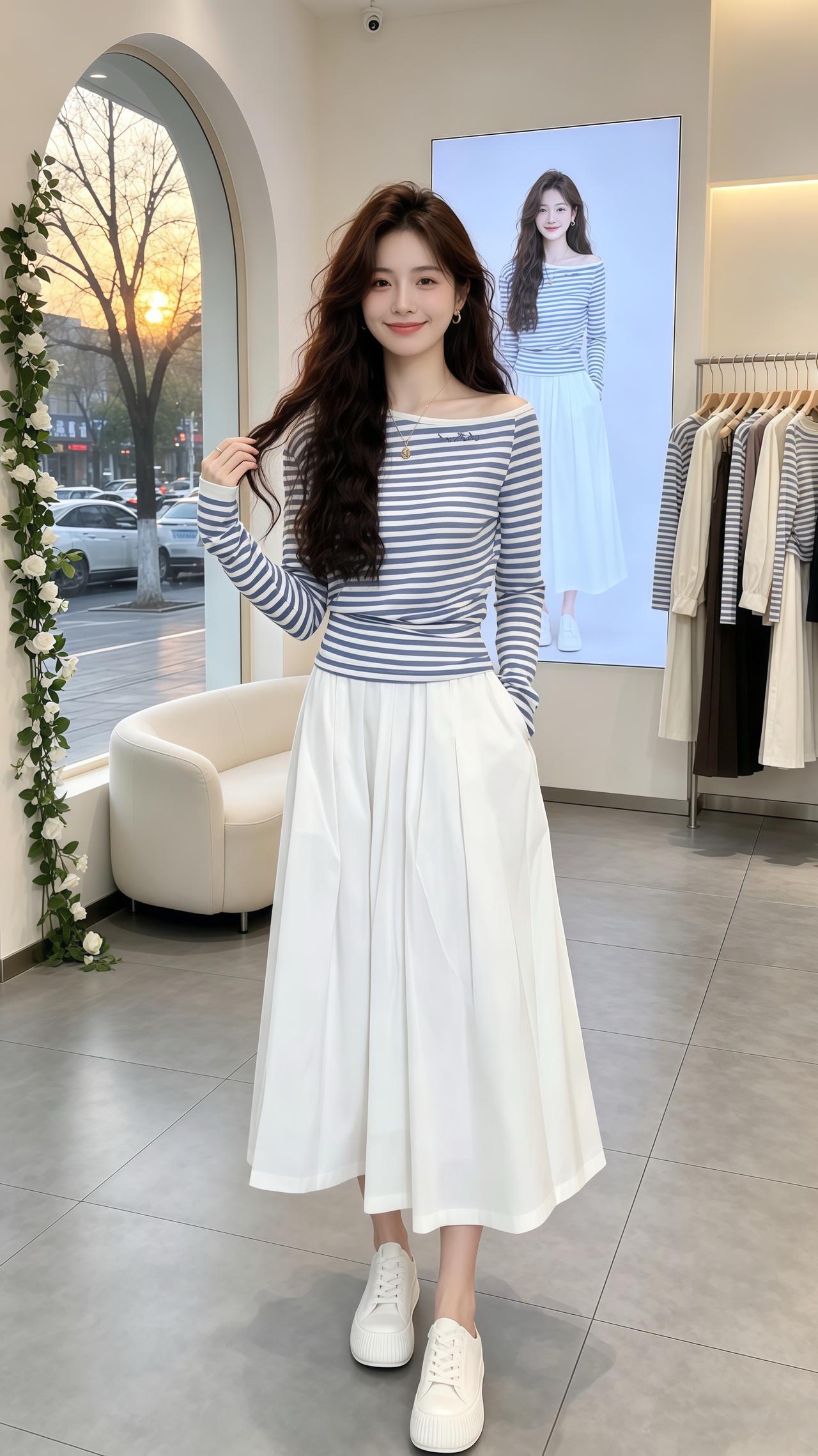 高腰洋气套装 条纹长袖套装 洋气上档次