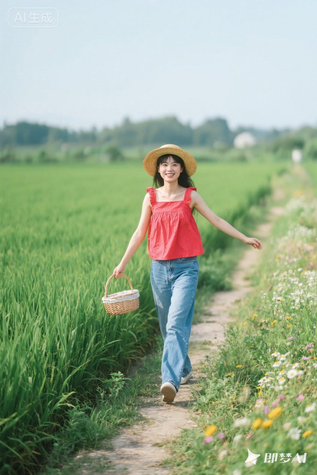 夏日田间漫步，红衣少女与自然相伴